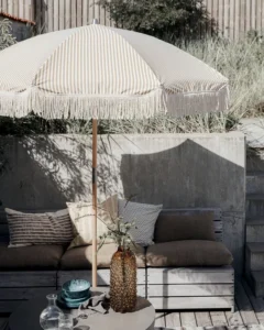 6.5 ft Custom Vintage Wooden Pole Outdoor Parasol Beach Patio Umbrella with Tassels for Garden