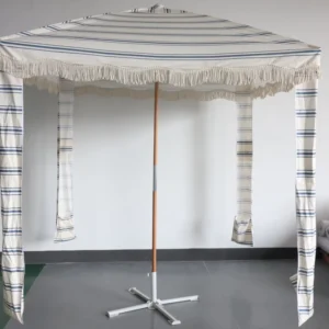 6.5 ft Foldable Waterproof Beach Umbrella with Wooden Poles, Poly-Cotton Fabric, Tassel Design, UPF50+ UV Protection