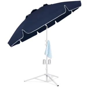 6.5FT Portable Beach Umbrella UPF 50+ with 8 Fiberglass Ribs, Tilt, Air Vent, Folding Tripod Base, Cup Holder, and Carry Bag