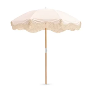 6.5ft 200cm Tasseled Wooden Parasol Cream Beach Umbrella with White Fringe Wood Pole Outdoor Patio Sun Shade