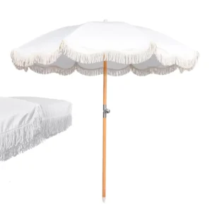6.5ft Boho Beach Patio Umbrella With Wood Pole and Tassels