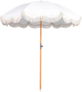 6.5ft Boho Beach Umbrella UPF 50 Tassel Wood Pole Foldable Patio Umbrella for Outdoor Garden Lawn Pool and Yard