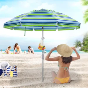 6.5ft Windproof Heavy Duty Beach Parasol 2m With Sand Anchor