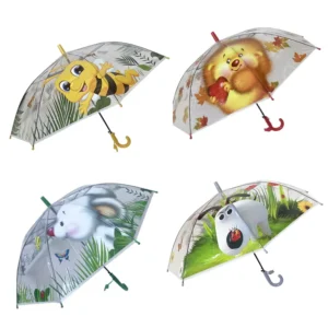6020 Clear Kids Umbrella With Lovely Animal Printing Straight Transparent POE Whistle Manufacturer Supply