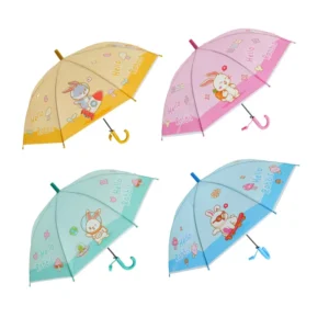6024 Auto Open Kids Clear Straight Umbrella with Whistle and Cute Rabbit Pattern