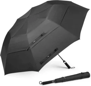 62 Inch Portable Golf Umbrella Automatic Black Large Double Canopy Vented Waterproof Foldable Compact