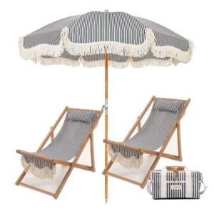6FT Cotton Tassel Wood Beach Umbrella Set with Deck Chairs and Cooler Bag