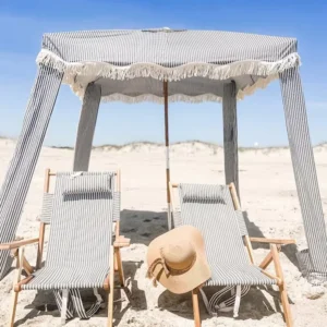 6ft 7ft Outdoor Wood Pole Fringe White Canvas Beach Cabana Tent Sun Shade Umbrella with Tassels and Sand Pockets