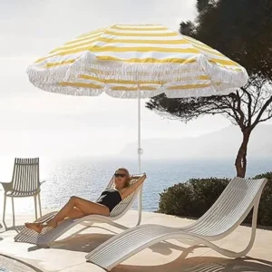 6ft Beach Umbrella With Fringe, Yellow Striped Patio Table Umbrella With Tilt for Backyard