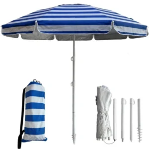 6ft Iron Beach Umbrella Heavy Duty Wind Resistant Waterproof UV 50+ Portable Sun Shade Sand Anchor Carry Bag Outdoor Folding