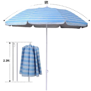 6ft Silver-Coated Striped Two-Folding Beach Umbrella with Steel Tilt