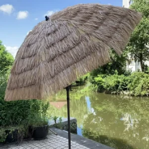 7.5FT 220CM Round Garden Umbrella Patio Synthetic Thatch Tiki Raffia Straw Outdoor Beach Umbrella with Crank Tilt UV30+