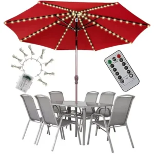 7.5FT Modern Outdoor LED Patio Umbrella with Solar Powered Lights Crank Tilt Garden Pool Shade Canopy 3m Radii