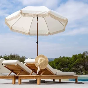 7.5Ft White Patio Beach Tassel Umbrella UPF50+ with Push Bottom Tilt