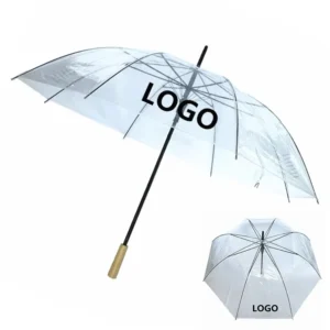 7074 Classic Eco Friendly Clear POE Manual Umbrella Brand Advertising Bamboo Handle Customized Logo Fiberglass Ribs Auto Open