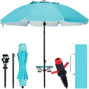 7FT Beach Umbrella Table Anchor Heavy Duty Windproof UPF 50+ Sun Protection Outdoor Adjustable Aluminum Pole