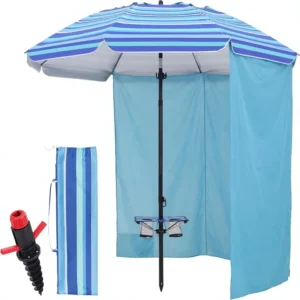7FT Beach Umbrella with Table Anchor Base Heavy-Duty Windproof UPF 50+ Adjustable Aluminum