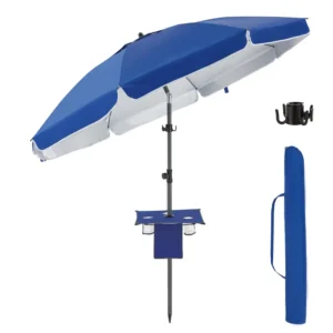 7FT Heavy-Duty Windproof Beach Umbrella with 8 Steel Ribs Adjustable Lift Table Tray Sand Anchor UV50+