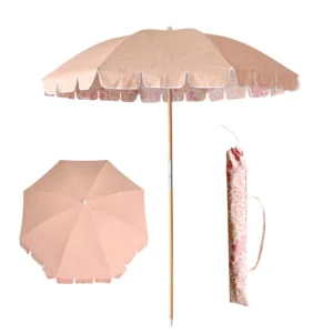 7ft Boho Beach Umbrella with Tassels Bali Style Fringe Wooden Pole UV Protection