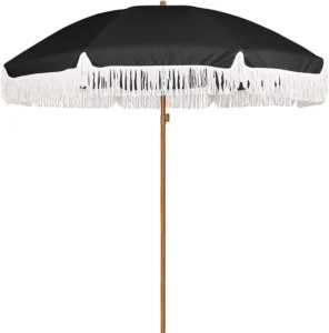 7ft Patio Umbrella with Fringe Outdoor Tassel Umbrella UPF50+ Wood Color Steel Pole and Steel Ribs Push Button Tilt Black