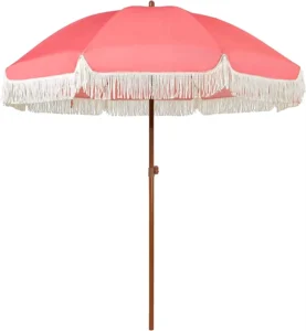 7ft Patio Umbrella with Fringe Outdoor Tassel Umbrella UPF50+ Wood Color Steel Pole and Steel Ribs Push Button Tilt – Pink