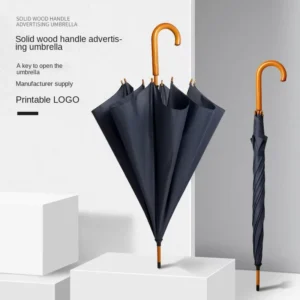 8-Bone Fiberglass Rib Semi-Automatic Polyester Straight Umbrella, 105cm, Wooden Curved Handle