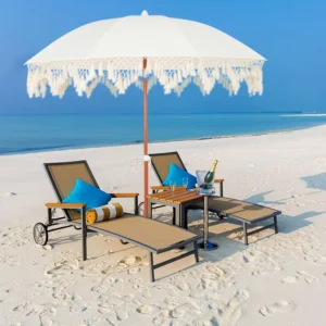 8 Feet White Tassel Beach Umbrella with Portable Wooden Pole