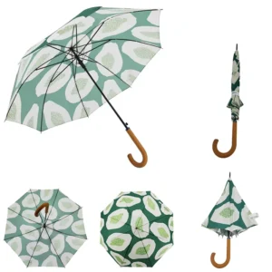 8-Rib Avocado Print Long Windproof Umbrella, Semi-Automatic, Wooden Hook Handle, Cute Design