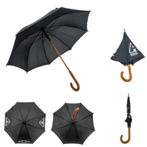 8-Rib Black Long Windproof Umbrella, Manual Open, Wooden Hook Handle, Custom Logo