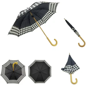 8 Rib Black and Beige Polka Dot Long Umbrella Manual Open Windproof with Wood Handle