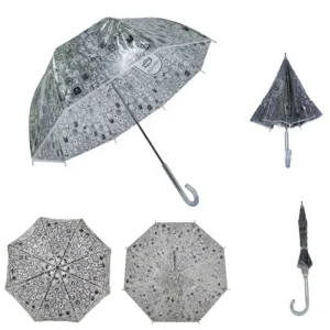 8-Rib Clear PVC Long Umbrella with Vintage Stamp Print, J-Hook Handle, Windproof Transparent Stick