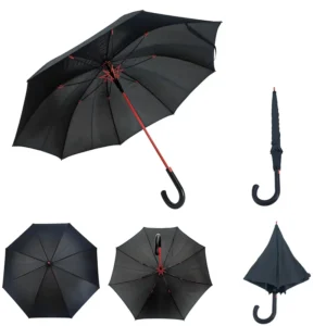 8-Rib Red Frame Straight Stick Umbrella Solid Black Canopy Red Shaft Custom Logo
