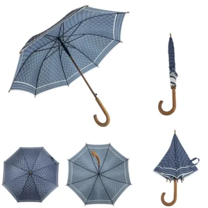 8-Rib Wood Crook Handle Stick Umbrella Navy Chain Monogram Custom Logo