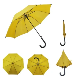 8 Ribs Bright Yellow Long Umbrella Semi Automatic Windproof Umbrella with Custom English Print and Plastic Hook Handle