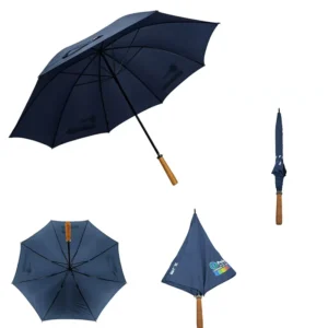 8 Ribs Navy Blue Long Umbrella Manual Open Windproof Umbrella with Wooden Handle and Custom Logo