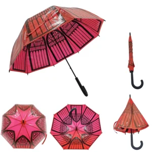 8 Ribs Semi Automatic Clear PVC Straight Umbrella Hot Pink Church Window Full Print Custom Museum Souvenir Umbrella