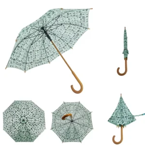 8 Ribs Wood Crook Handle Stick Umbrella Mint Green Hand-Drawn Liquor Full Print
