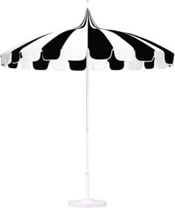 8.5′ Round Pagoda Market Umbrella Silver Pole 100% Acrylic Black and White Pacifica Fabric