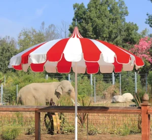 8.5′ Round Pagoda Market Umbrella Silver Pole 100% Acrylic Red and White Pacifica Fabric