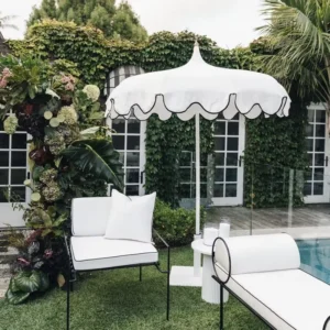 8.5ft Outdoor White Boho Scalloped Tassel Pagoda Patio Umbrella for Swimming Pools