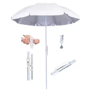 8.5ft UV50+ Blue Stripe Portable Outdoor Parasol Waterproof Beach Umbrella with Sand Anchor Push Button Tilt and Carry Bag