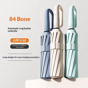 84 bone Ring buckle Automatic Three fold Womens Rain Shine Dual use Folding Umbrella Wind resistant Mens Sunshade UV