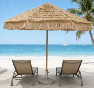 8FT Patio Umbrella with Thatch Roof Tiki Hut Design Natural Raffia Material Tropical Palapa
