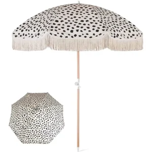 8ft Striped Folded Portable Bohemian Wooden Shaft Beach Parasol with Tassels and Fringe
