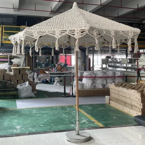 9 Ft Woven Crochet Resort Umbrella with Tassels and Macrame