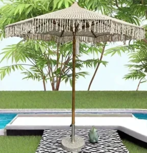 9 ft Pulley Lift Outdoor Patio Rope Beach Umbrella, Bohemian Macrame Tassel Parasol