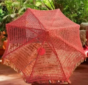 9 ft Red Pink Rope Woven Macrame Outdoor Market Umbrella Parasol