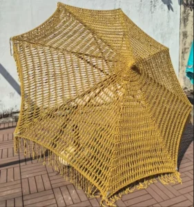 9 ft Yellow Resort Umbrella Parasol Woven Crochet Tassel Macrame
