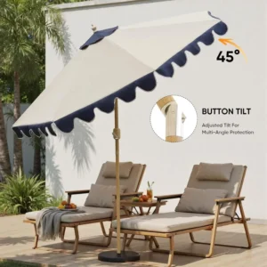 9FT Outdoor Patio Umbrella Wavy Edge Push Button Tilt Crank Lift Heavy Duty Metal Frame 8 Ribs Ventilated UV Canopy
