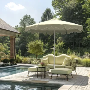 9Ft Round Auto Tilt Ripple Vintage Patio Umbrella Durable Acrylic Aluminum Scalloped Fringe Outdoor Garden Umbrella